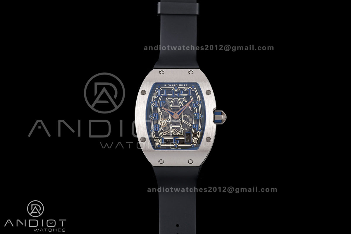 Mille Studio RM67-01 SS Blue Skeleton Dial on Black Rubber Strap CRMA6 Clone